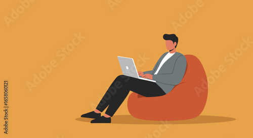 Man comfortably working on laptop in a relaxed setting. Ideal for remote work, online learning, or digital lifestyle concepts.