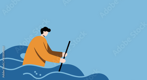 Overcoming obstacles: Man wades through water with a stick, symbolizing resilience, determination, and navigating difficult circumstances.