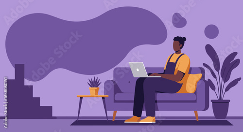 Person comfortably working on a laptop from a sofa in a stylish home, representing remote work, online learning, and modern digital lifestyle.