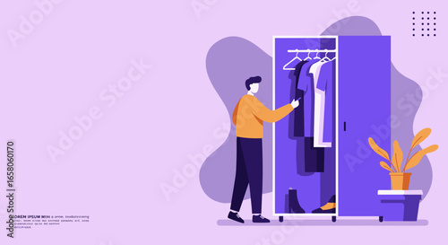 Person choosing clothes from an open closet. Concept of daily dressing routine, personal style, and home organization. Suitable for fashion and lifestyle.