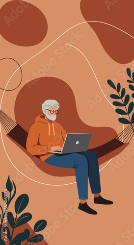 Senior man working on a laptop while relaxing in a hammock, embracing remote work and digital nomad lifestyle. Ideal for technology, leisure, and retirement concepts.