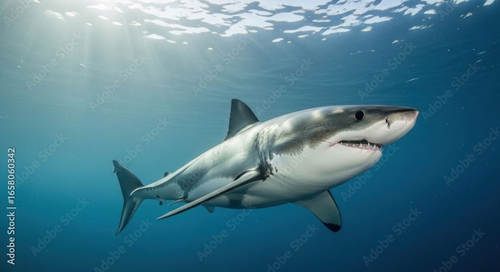Fototapeta premium Great white shark in ocean depths