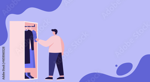 Man selecting clothes from a closet, representing daily routine, fashion, organization, and personal style. Ideal for lifestyle, shopping, or home decor concepts.