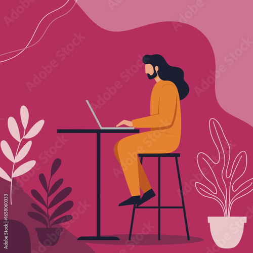 Bearded man with long hair works diligently on his laptop in a modern, stylized setting. Concept for remote work, freelance, and online productivity.