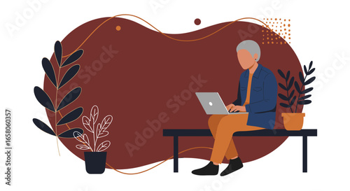 Senior person working remotely on a laptop in a modern, plant-filled environment. Illustrates digital literacy, flexible work, and lifestyle.
