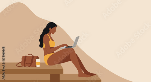 Woman in swimsuit works on laptop in a tranquil, warm setting. Represents remote work, digital nomad lifestyle, summer productivity, and freedom.