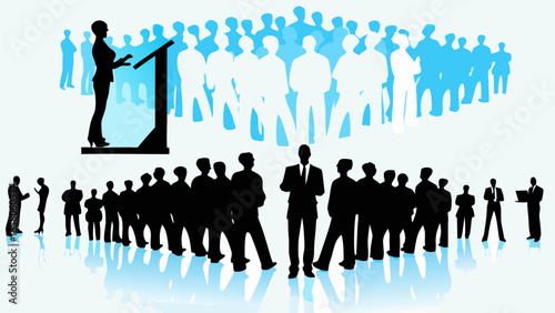 Illustration of a woman giving a speech to a crowd of people in front of a blue and white background