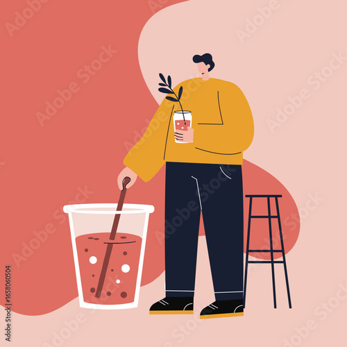Person preparing a refreshing homemade beverage, stirring a large drink with a straw. Depicts healthy choices, a relaxed lifestyle, and leisure.
