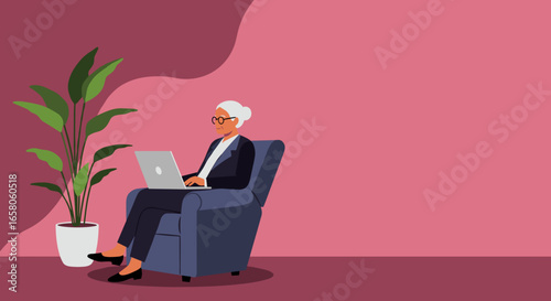 Senior woman comfortably using a laptop in an armchair, highlighting modern aging, remote work, online learning, or digital engagement.
