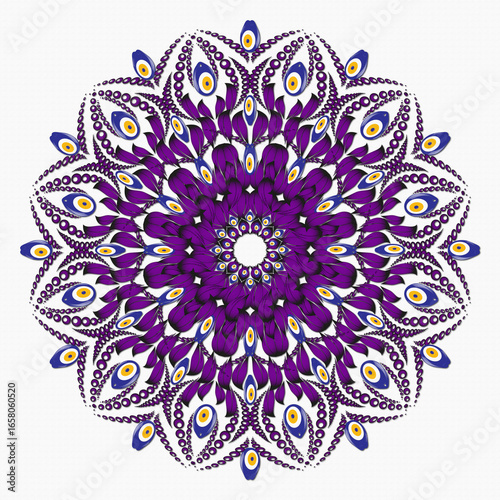 Evil eye beads follow each other's mandala patterns, blue evil eye beads