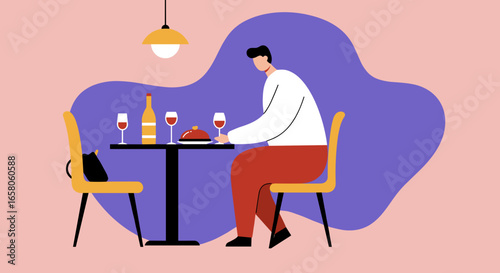 Man seated at a restaurant table with wine and an empty chair, hinting at loneliness, a failed date, or a quiet solo meal.