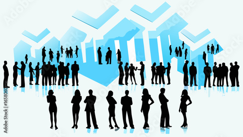 Silhouette of a crowd of people standing in front of blue geometric shapes on a white background