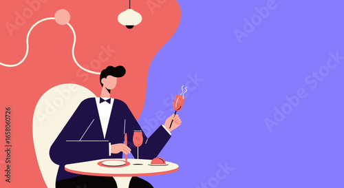 Elegant man in a tuxedo dines in a modern restaurant setting, enjoying a sophisticated meal. Ideal for luxury, lifestyle, and hospitality concepts.
