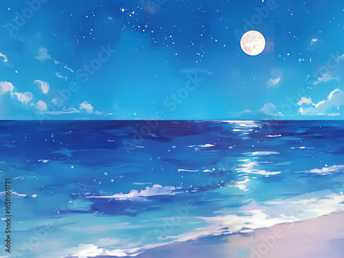 水彩で描いた手描きの夜のビーチイラスト 満月と星空が輝く幻想的で神秘的な海辺の風景