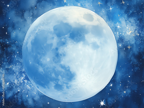水彩で描いた大きな満月のイラスト 紺色の夜空に浮かぶ幻想的で神秘的な月の背景素材