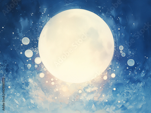 水彩で描いた幻想的な夜空 紺色の背景に大きな満月が輝く手描き風のアート背景イラスト
