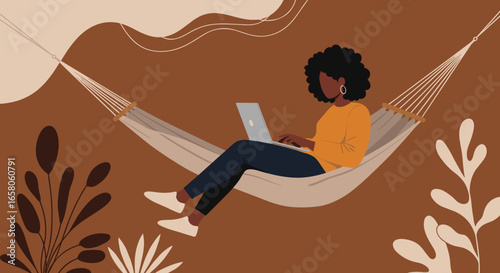African American woman working on a laptop in a hammock, embracing remote work and digital nomad lifestyle, combining relaxation with productivity.