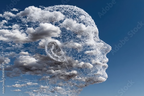 Profile of a face, outlined in wispy lines,  amidst clouds