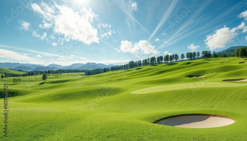 Scenic view of a lush green fairway with rolling hills, sand traps, and mountains under a sunny blue sky
