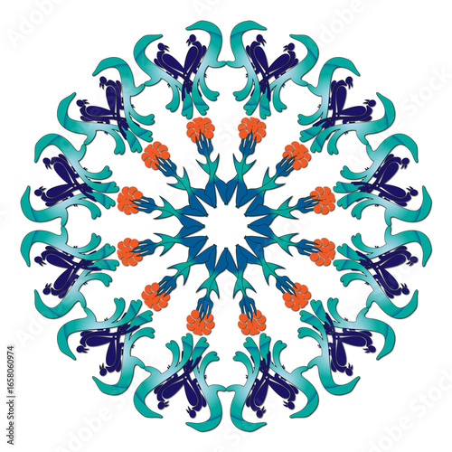 Evil eye beads follow each other's mandala patterns, blue evil eye beads