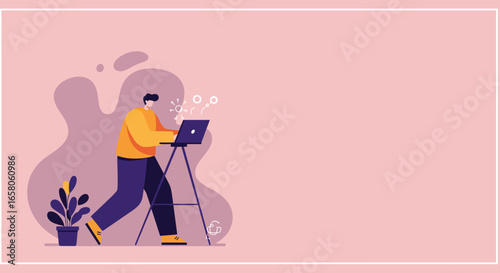 Illustrative image of a person actively working on a laptop at a standing desk, symbolizing productivity, innovation, and modern work environment.