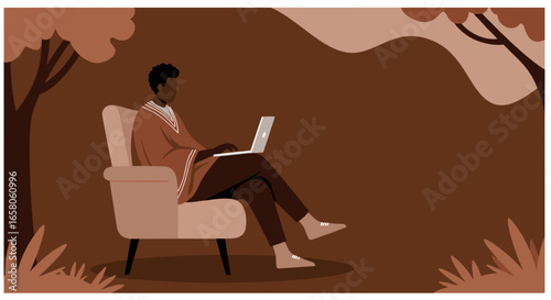 Person working remotely on laptop in a peaceful outdoor setting, blending technology with nature for a relaxed lifestyle or productive work.