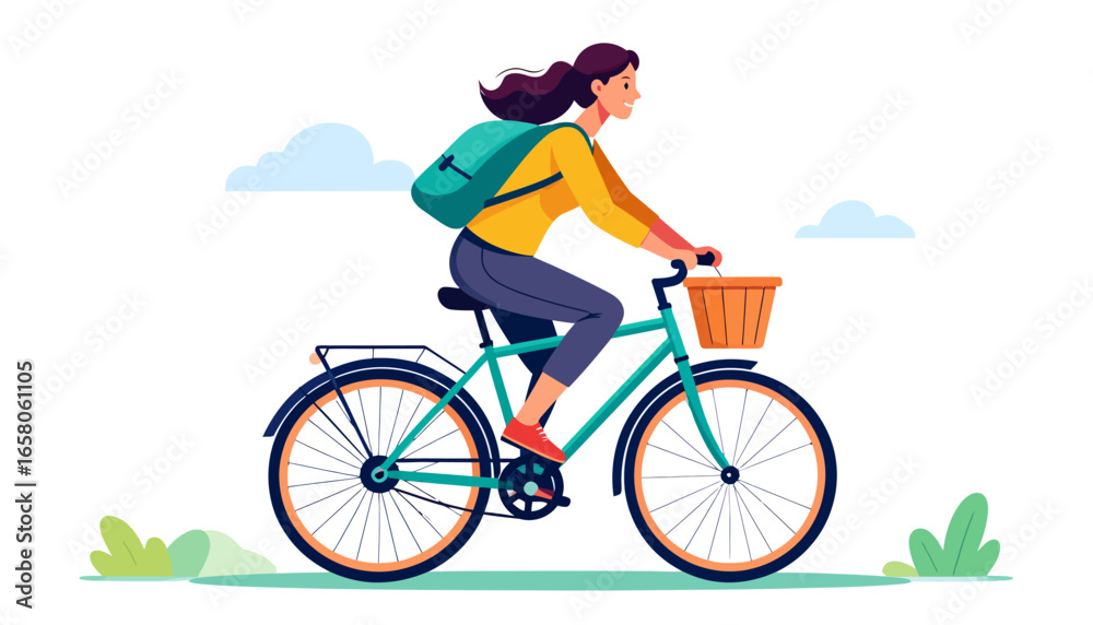 Fototapeta premium A young woman embracing the concept of eco-friendly urban mobility, cycling freely with a backpack and basket, promoting a healthy and active lifestyle.