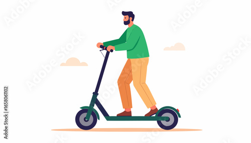 Man Riding Electric Scooter on a Clean Urban Street with a Minimalist Style