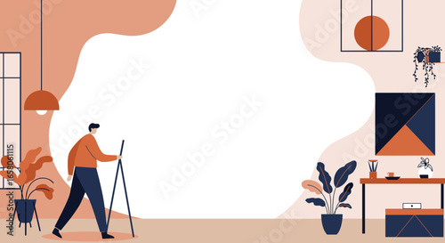 Modern home interior with a person creating, offering ample copy space. Ideal for creative projects, lifestyle, or business concepts like remote work.