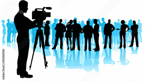 Silhouette of a cameraman filming a crowd of people with blue reflections on the ground surface