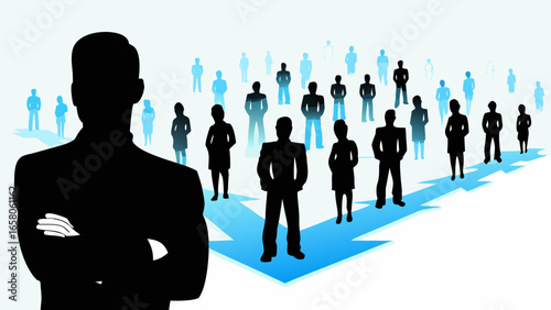 Silhouette of a leader with arms crossed in front of a group of people on a blue arrow path