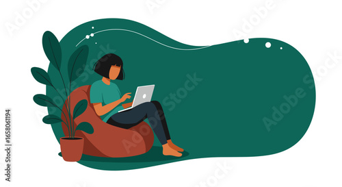 A person comfortably works from home on a laptop, sitting on a bean bag chair. Ideal for concepts of remote work, freelancing, online learning, and flexible modern lifestyles.