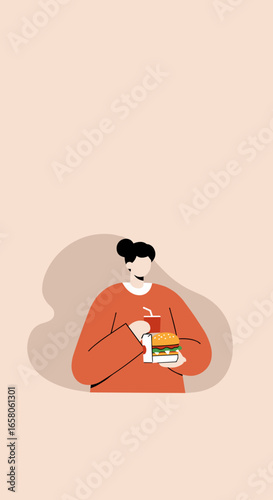 Person holding a burger and soda, symbolizing quick meals, fast food, and casual dining. Perfect for lifestyle, restaurant, or takeout concepts.