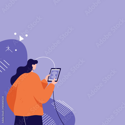 Woman enjoying music or podcasts on her tablet via wired headphones, perfect for digital entertainment and lifestyle concepts.