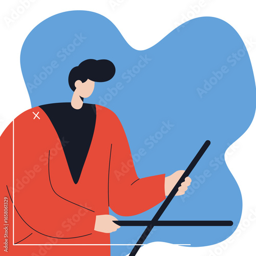 Professional person in a red robe presents with crossing sticks, symbolizing data analysis, education, or conducting. Ideal for business, learning, and conceptual designs.