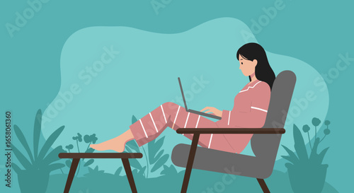 Woman in pajamas works remotely on laptop from comfortable armchair at home. Highlights work-life balance, relaxation, and modern lifestyle.