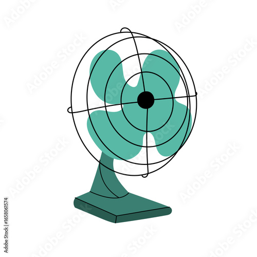 Vintage-style electric fan. Summer cooling or household appliance design. Electric fan. Ventilator table rotating propeller, cool air control, climate control in home.