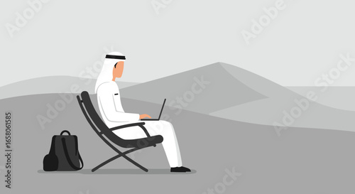 Arab man in traditional dress works on laptop in a remote desert landscape. Represents modern remote work, digital nomad lifestyle, and global connectivity.