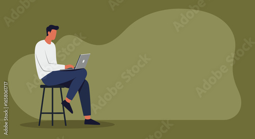 Modern man casually working on a laptop, emphasizing remote work, digital nomad lifestyle, and productivity. Ideal for technology, education, or business concepts.