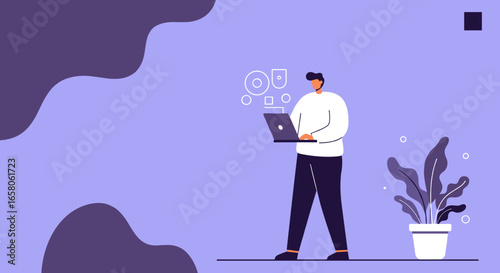 Man working on laptop with digital elements on a purple background. Represents online business, remote work, and technology concept.