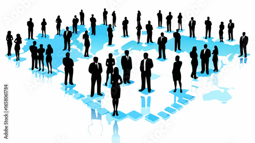 Silhouetted people standing on a blue world map representing global business and international connections