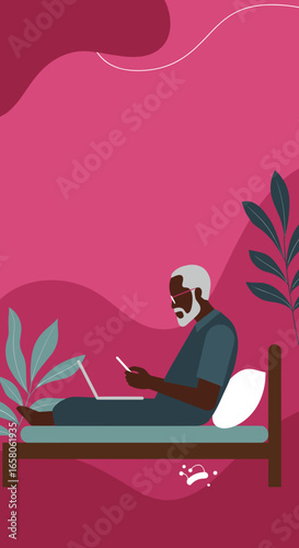 An elderly man comfortably uses his laptop and smartphone on a bed at home. Represents remote work, digital literacy, and modern senior living.