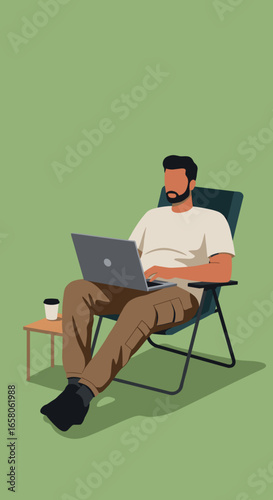 Relaxed man working on a laptop in an outdoor setting, ideal for remote work, digital nomad, and flexible lifestyle concepts.