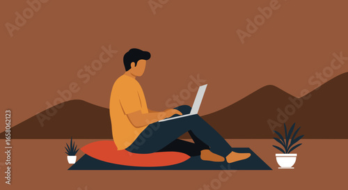 Person working remotely on a laptop in a calm, earthy outdoor setting, embodying flexible work, digital connectivity, and modern lifestyle.
