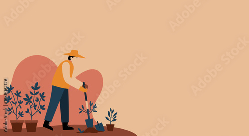 A person with a hat and gloves actively plants a sapling with a spade, surrounded by potted plants and natural landscapes. Represents gardening, sustainability, and eco-friendly living.