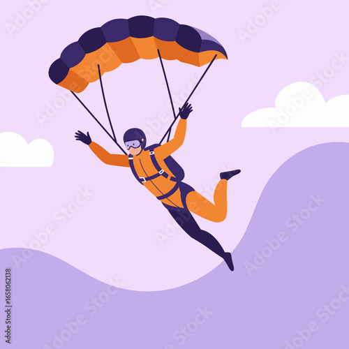 Skydiver descends with parachute in a clear sky. Represents adventure, freedom, thrill, extreme sports, and achieving goals. Ideal for lifestyle or travel.