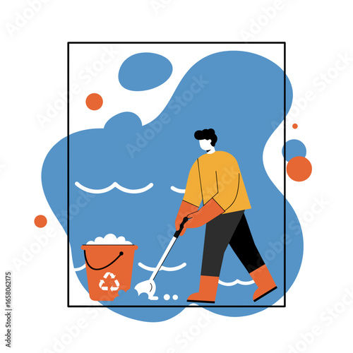 Illustration of a person cleaning a floor with a mop and bucket, highlighting hygiene, home care, and eco-friendly practices.