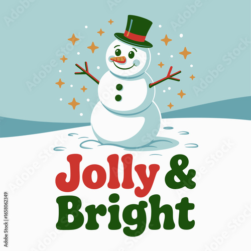 Jolly and bright smiling snowman with green hat confetti snowflakes Christmas vector illustration suitable for greeting cards posters stickers tshirt