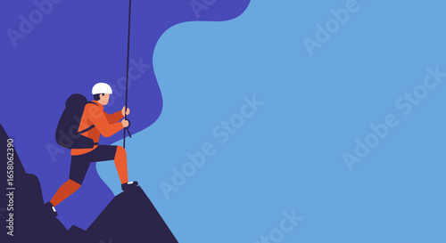 Determined climber ascends a challenging mountain, embodying ambition, success, and overcoming obstacles. Ideal for business growth, adventure, and travel concepts.