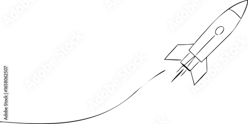 Rocket space ship outline drawing illustration. one continuous line drawing of rocket launch. innovation, science, spaceship, business, illustration, technology, design, doodle, outline,vector 